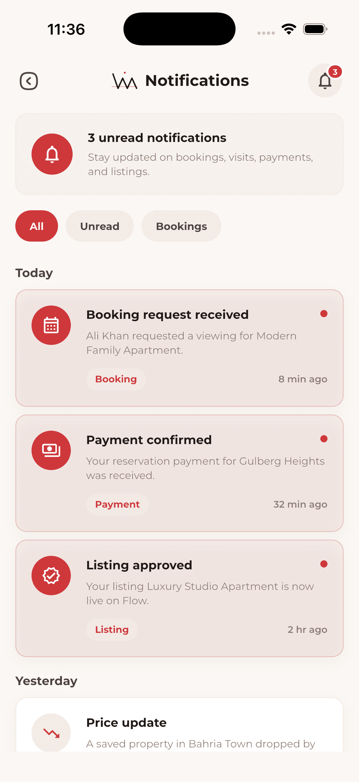 Notification app screen